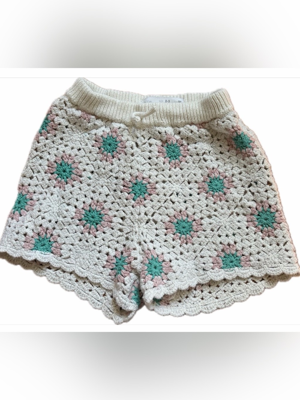 Zara Crochet Floral Knit Girl’s Shorts - Cream with Pink & Teal Accents